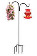 Gtongoko Double Shepherds Hook for Outdoor, 92 Inch Bird Feeder Pole with 5 Prongs Base, 5/8 Inch Thick Heavy Duty Adjustable Garden Hook for Hanging Plant, Lantern, Hummingbird Feeder, 1 Pack