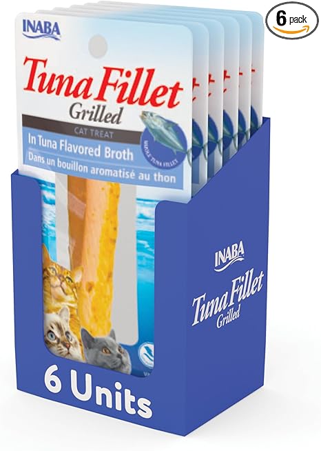 INABA Premium Hand-Cut Grilled Tuna Fillet Cat Treats/Topper with Vitamin E and Green Tea Extract, 0.52 Ounces Each, Pack of 6, Tuna Broth