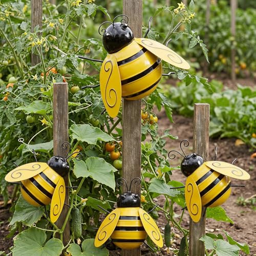Yungeln Metal Wall Art, 4PCS Metal Bumble Bee Wall Decor, 3D Iron Bee Art Sculpture Hanging Wall Decorations for Outdoor Home Garden