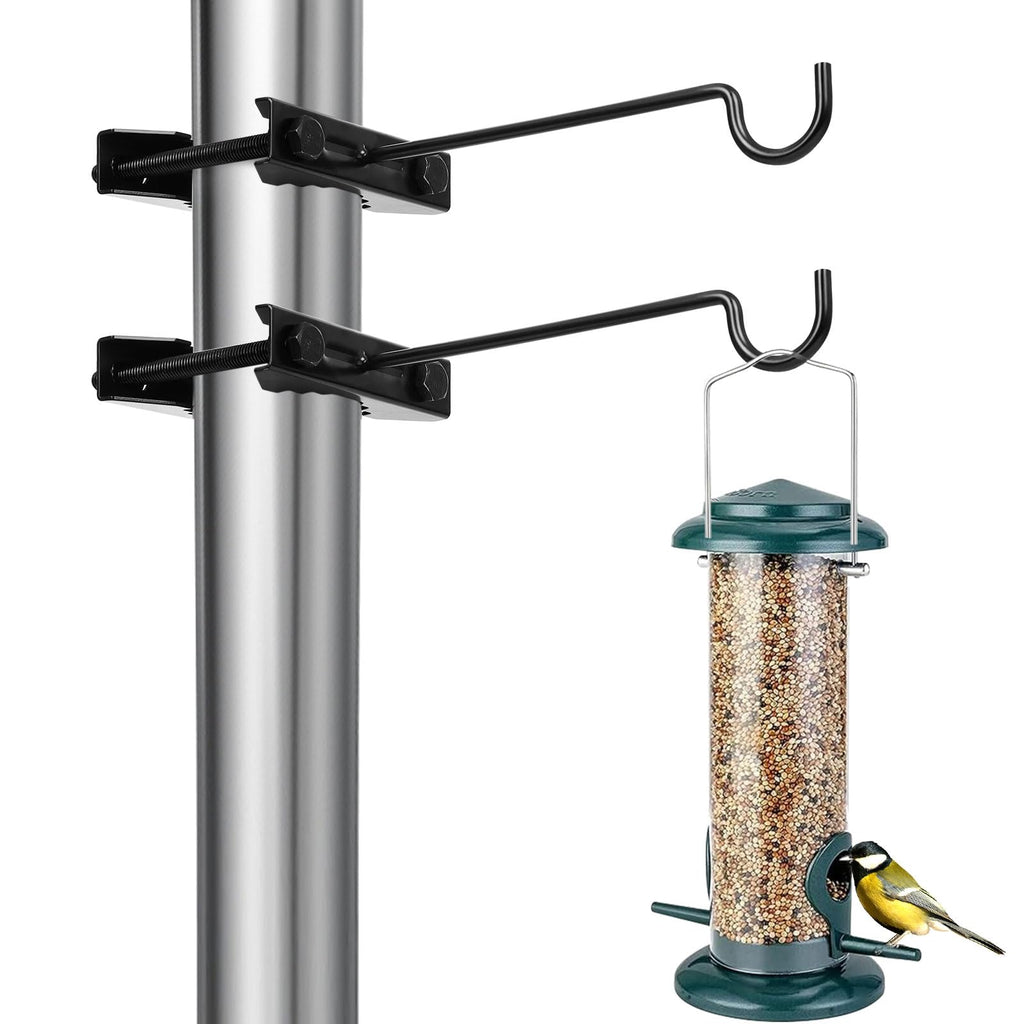 2 Pack Bird Feeder Hanger Hook, Metal Clamp-On Deck Hook for Railing Pole, Outdoor Hanging Bracket for Plant, Camping Lantern Rack, Windproof Tree Branch Hooks for Wild Bird House Holder