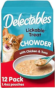Delectables Lickable Treat Chowder Wet Cat Treat with Real Tuna & Chicken, Food Topper, Hydrating, Grain-Free, No Fillers, By-Products, Added Preservatives, 1.4oz Pouch, 12ct