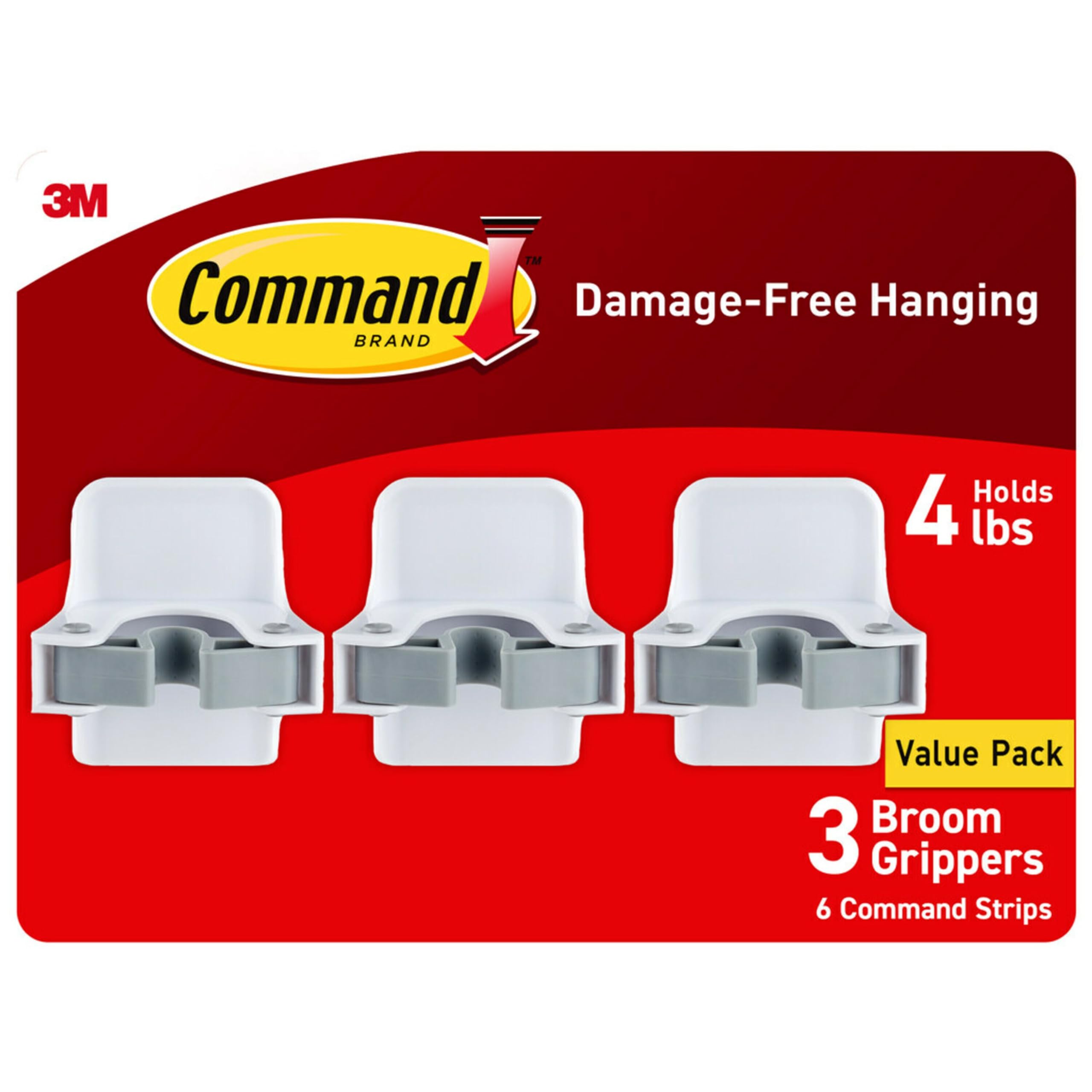 Command Broom Grippers, 3 Hangers and 6 Strips, Damage-Free Mop and Broom Holder Wall Mount, Household Cleaning Tool Organizer for Kitchen, Laundry Room, Closet, Holds up to 4 lb