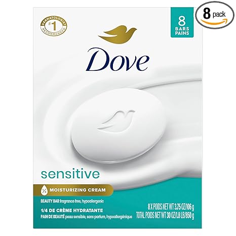 Dove Beauty Bar Soap Sensitive, 8 Bars for Sensitive Skin, Fragrance Free and Hypoallergenic 3.75 oz
