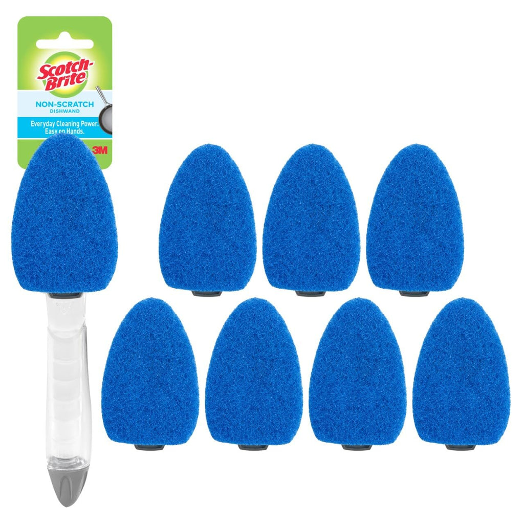 Scotch-Brite Non-Scratch Dishwand Kit, Includes 1 Wand & 8 Refill Pads, Keep Hands Out of the Mess, Blue