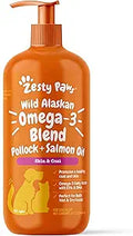 Zesty Paws Wild Alaskan Omega-3 Blend Pollock + Salmon Oil for Dogs and Cats- Skin and Coat Support, Omega 3 Supplement for Pets, 32oz