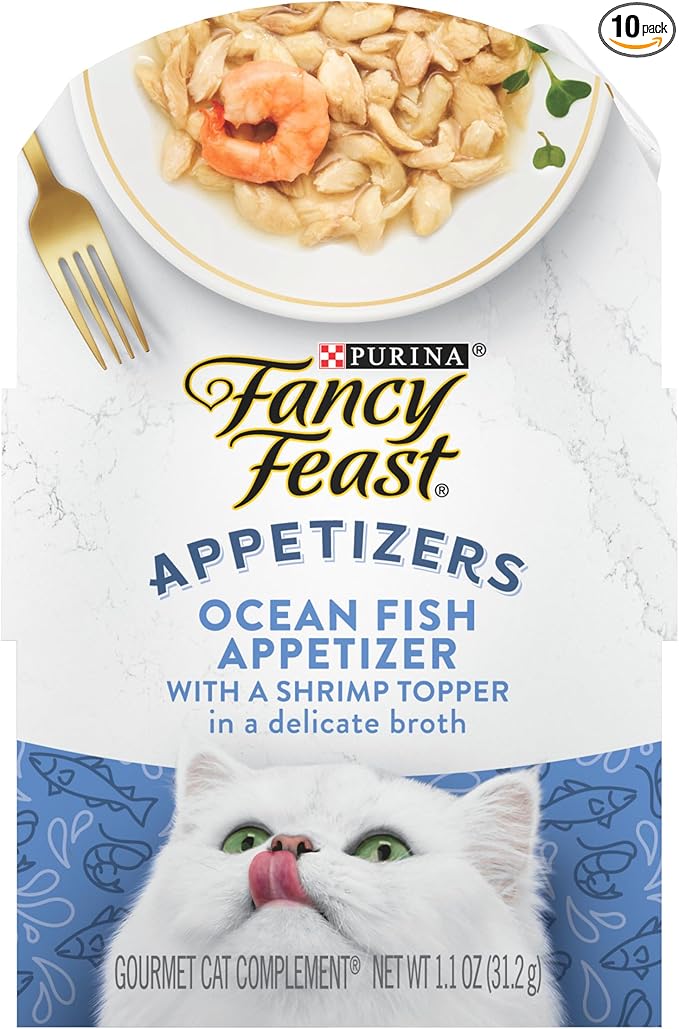Purina Fancy Feast Lickable Appetizers Grain Free Wet Cat Food Topper Ocean Fish Appetizer with a Shrimp Cat Food Topper - (Pack of 10) 1.1 oz. Trays