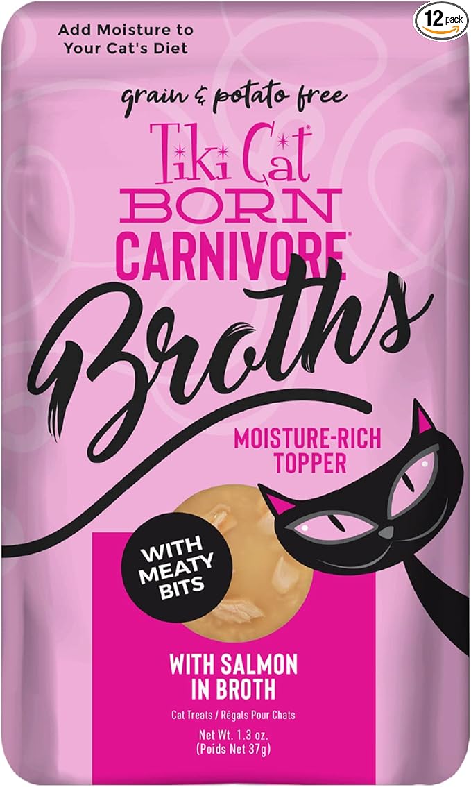 Tiki Cat Born Carnivore Broths, Salmon Recipe, Hydration and Flavor Supplement Cat Food Topper, 1.3 oz. Pouch (Pack of 12)