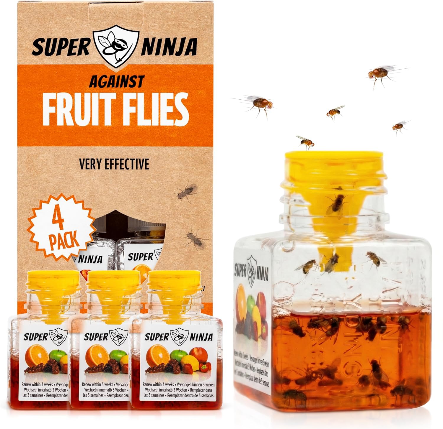 Super Ninja Fruit Fly Traps for Indoors - 4 Pack, Highly Effective Fruit Fly Catcher for Indoor Use for Home & Kitchen, Up to 3 Weeks of Performance per Bottle, Kid & Pet Friendly