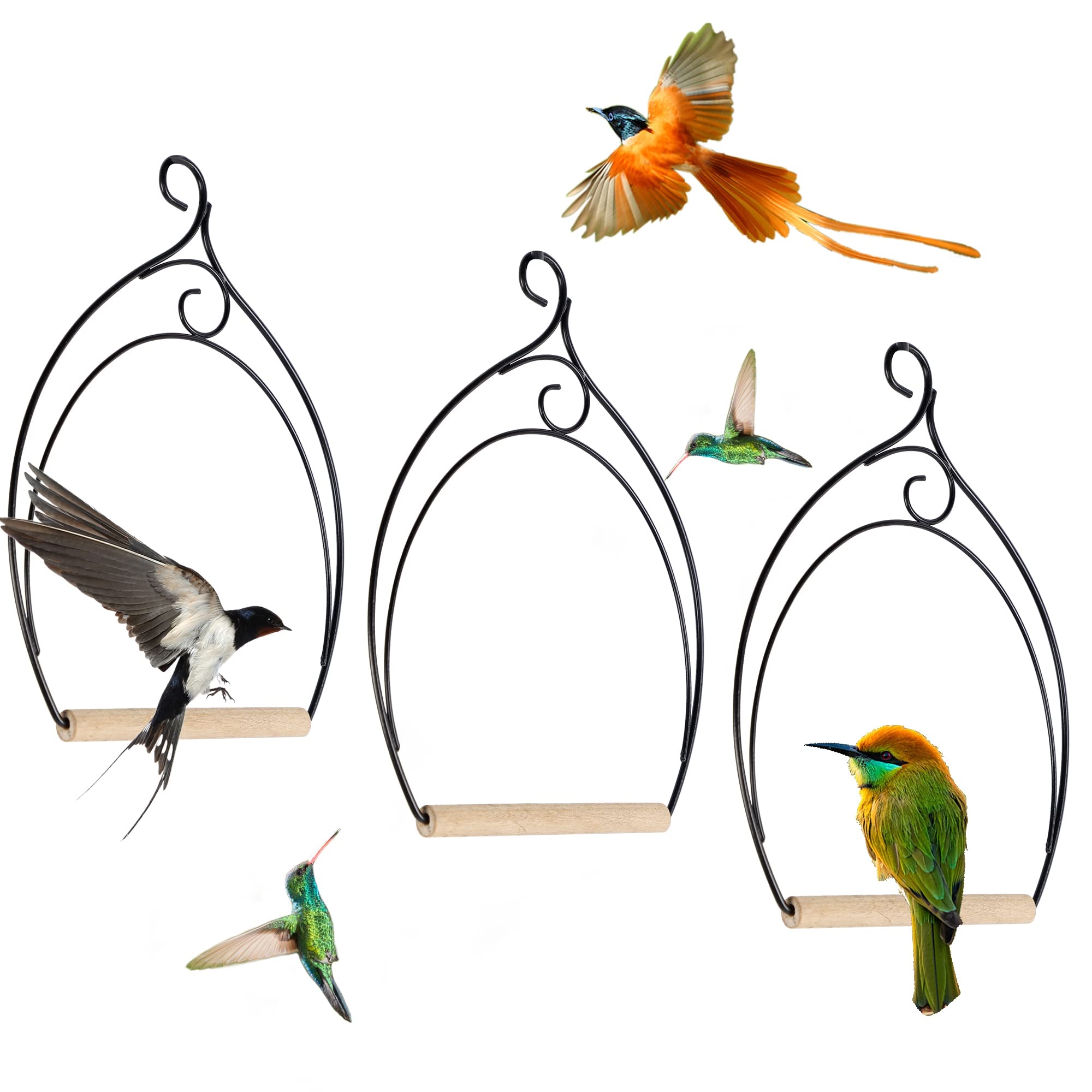 winemana Set of 3 Hummingbird Swings, Rust Resistant Metal Frame, Wooden Dowel, Attach to Bird Feeders, Perfect for Hanging Indoor Office Outdoor Trunk Lawn Patio Garden (7.4" x 5.5")