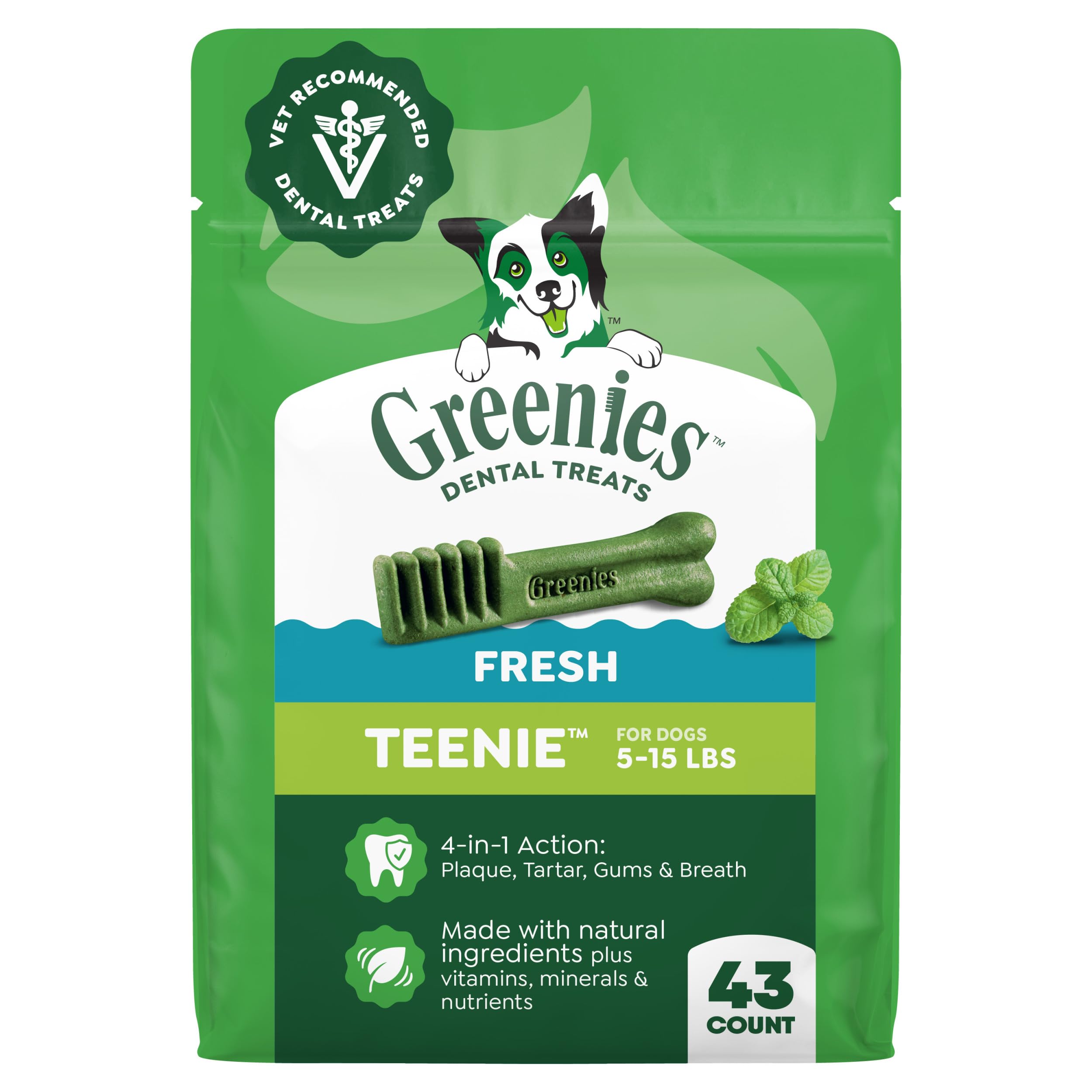 Greenies Dog Treats Veterinarian-Recommended Natural Dental Treats for Dogs, Teenie Size, Fresh Flavor, 12 oz. Pack, 43 Count