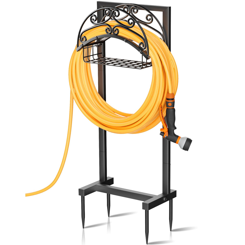 Gayuteay Garden Hose Holder – Water Hose Reel Stand with Storage Basket Holds 151ft, Heavy Duty Freestanding Garden Hanger Storage Rack for Outside Yard Lawn Farm