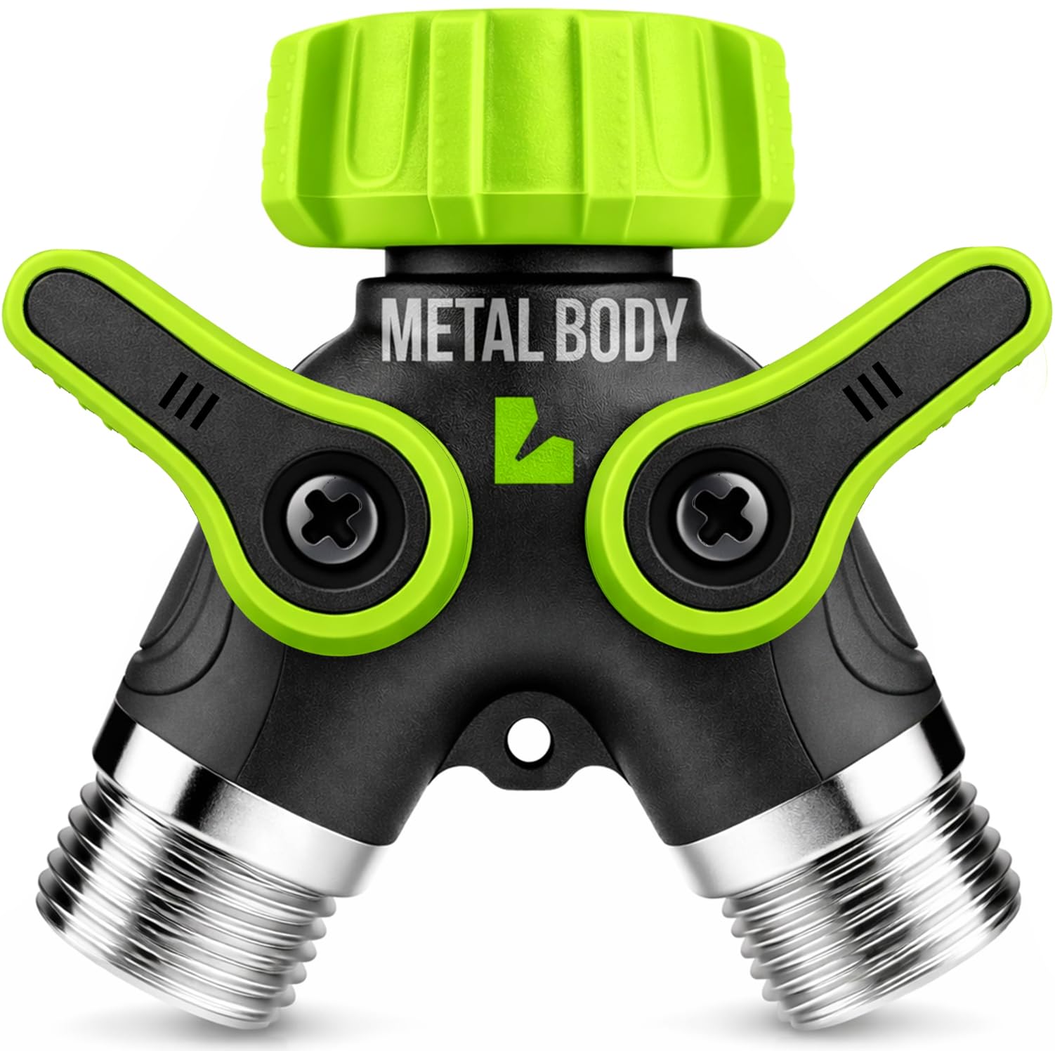 LIME 2 Way Hose Splitter Heavy Duty - Metal Y Garden Hose Splitter with Shutoff Valves, Brass Outdoor Faucet Adapter for Spigot, 3/4 Inch GHT Water Hose Connector - Green