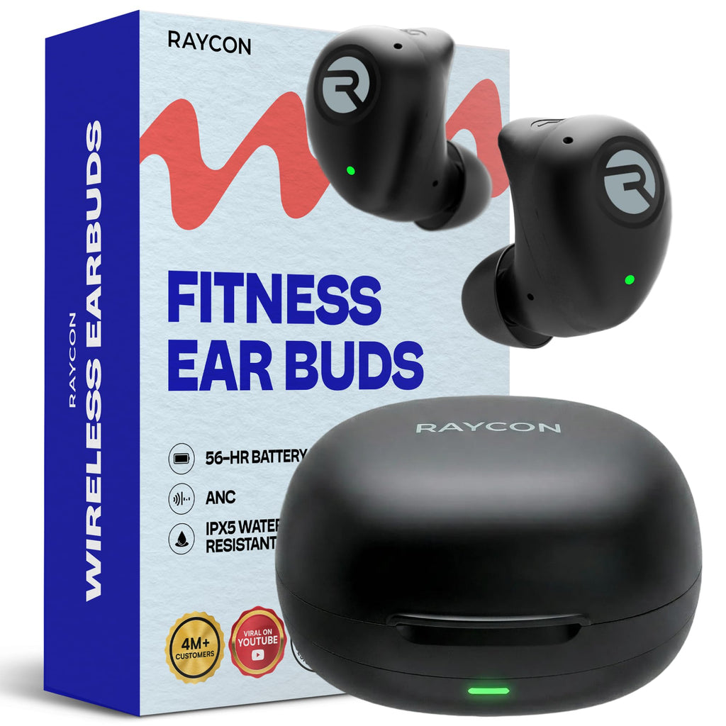 Raycon Fitness Bluetooth Wireless Earbuds + Microphone with Active Noise Canceling, Sweat & Water-Resistant Earphones, Running Headphones, Ear Buds Wireless Bluetooth 56 Hours Playtime (Black)