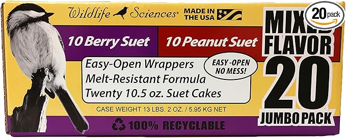Wildlife Sciences Suet Cake Jumbo Mixed 20 Pack | 10 Peanut & 10 Berry 10.5 oz. Suet Cakes for Wild Birds