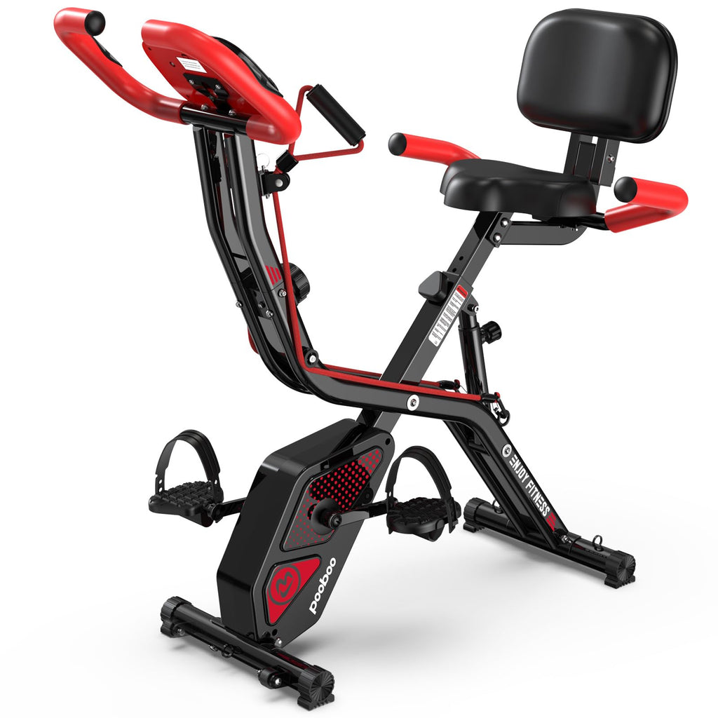 pooboo Folding Exercise Bike, Foldable Upright Stationary Bike, Indoor Cycling Magnetic X-Bike with 8-Level Adjustable Resistance, 6.6 LBS Flywheel, 300LB Capacity, Back Support Cushion for Home Gym