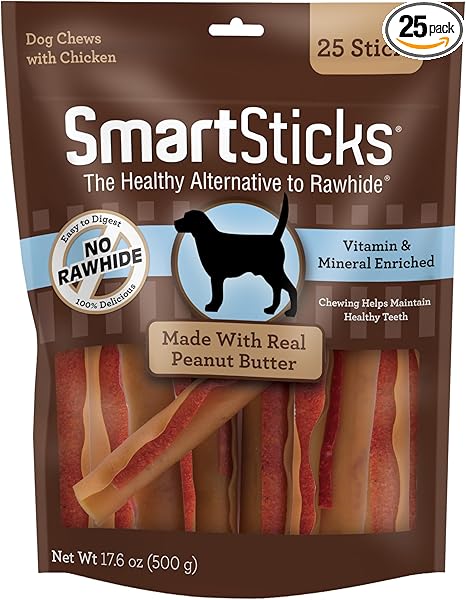 SmartBones SmartSticks With Real Peanut Butter, Rawhide-Free Chews for Dogs, 25 Count