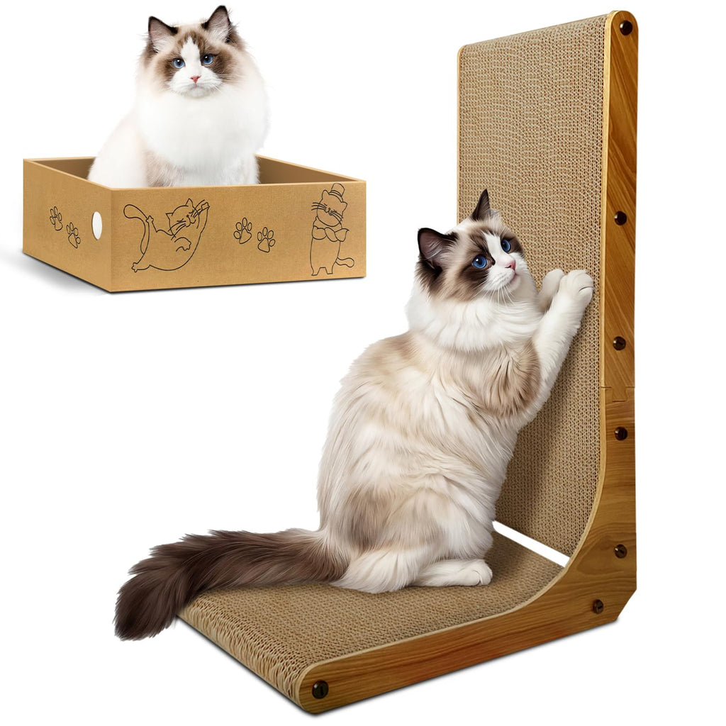 Cat Scratcher, 26 inch L Shape Cat Scratching Pad for Indoor Cats, Durable Sustainable Cardboard Scratcher with Box, Recyclable Vertical Cat Scratch Pad to Protect Furniture, Large