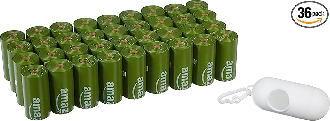 Basics Premium Leak Proof Dog Poop Bags with Dispenser and Leash Clip, Unscented, 13" x 9", 540 Count (36 Rolls of 15)