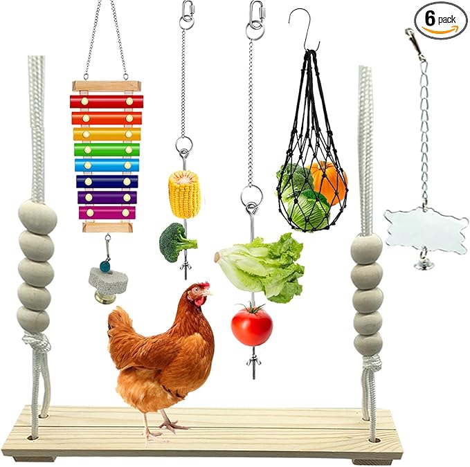 6 Packs Chicken Toys for Coop Accessries, Chicken Swing Toys for Chicken Hens, Chicken Xylophone Toys and Mirror, Vegetable Hanging Feeder, Veggies Skewer