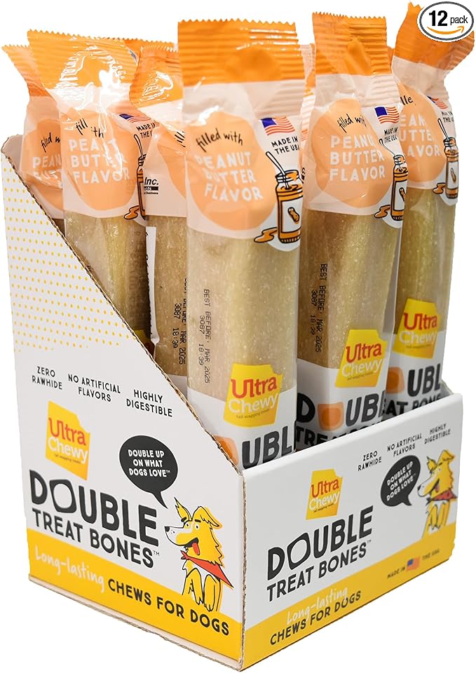 Ultra Chewy Peanut Butter Double Treat Bones: Long-Lasting Dog Treats Made in USA for Large and Small Breeds, Highly Digestible, Ideal for Aggressive Chewers (12 Count)