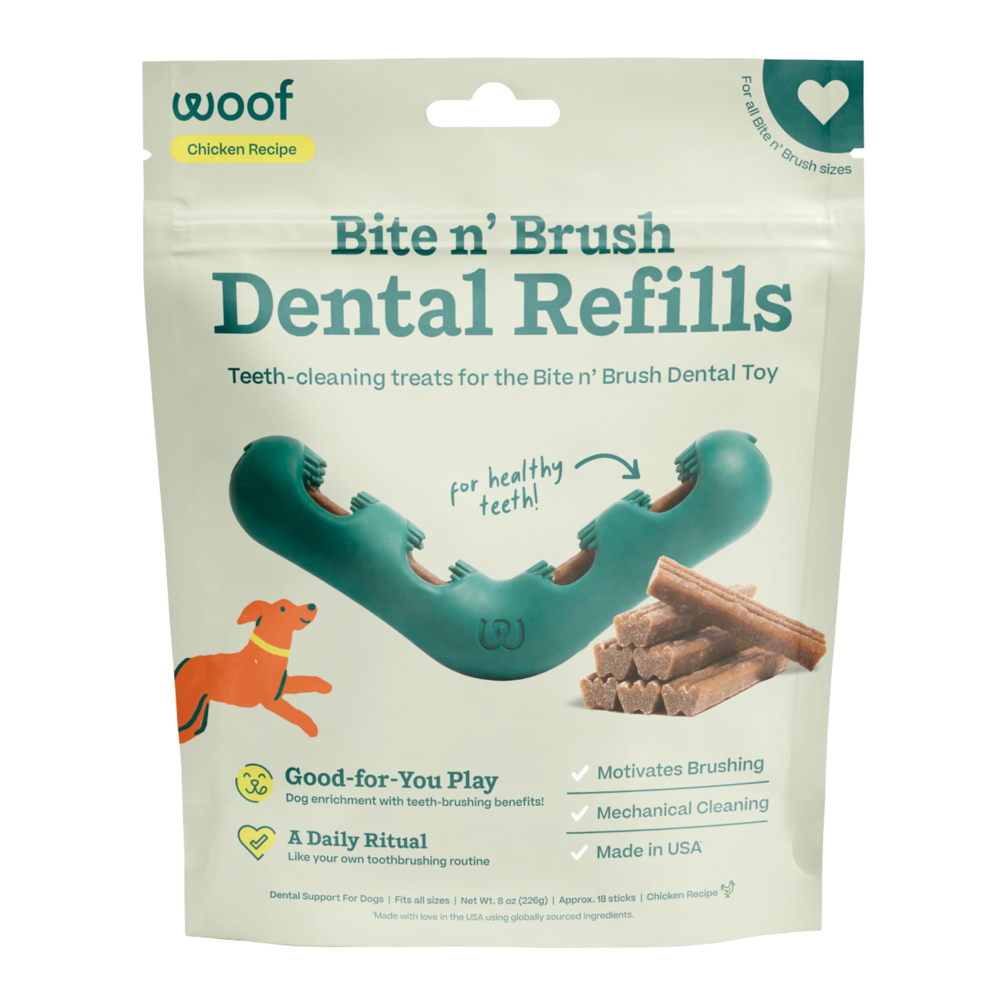 WOOF - Bite n' Brush Refills Treats for the Dog Toothbrush Toy - Scrub Plaque and Tartar from Your Dog's Teeth and Mouth - Dog Dental Sticks - 18 Refills - Chicken