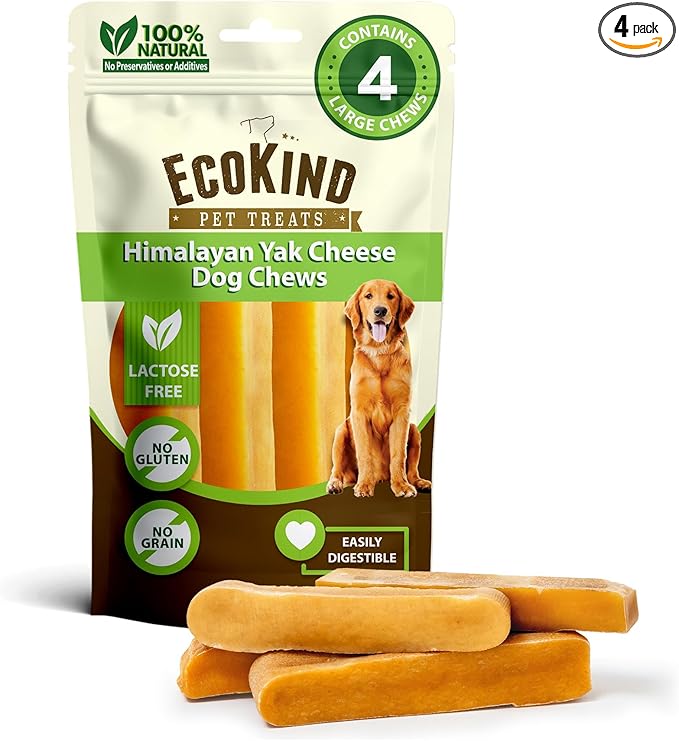 EcoKind Yak Cheese Himalayan Dog Chews, Yak Chews for Large Dogs, Long Lasting Bone for Aggressive Chewers, 3 Ingredients, Natural High Protein Treats, No Additives, Lactose Free, Large - 4 Chews