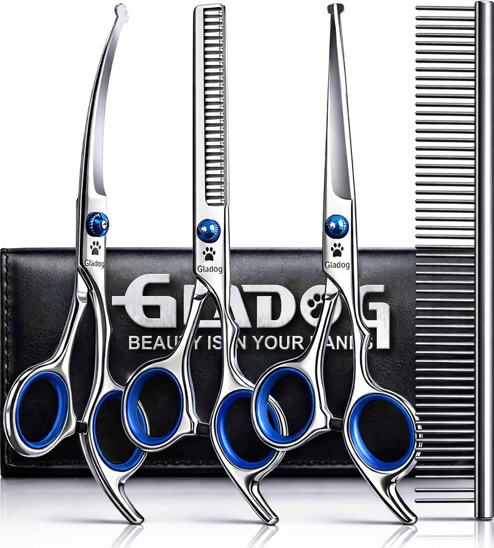 GLADOG Professional 5 in 1 Dog Grooming Scissors Set with Safety Round Tips, Sharp and Heavy-duty Pet Grooming Shears for Cats