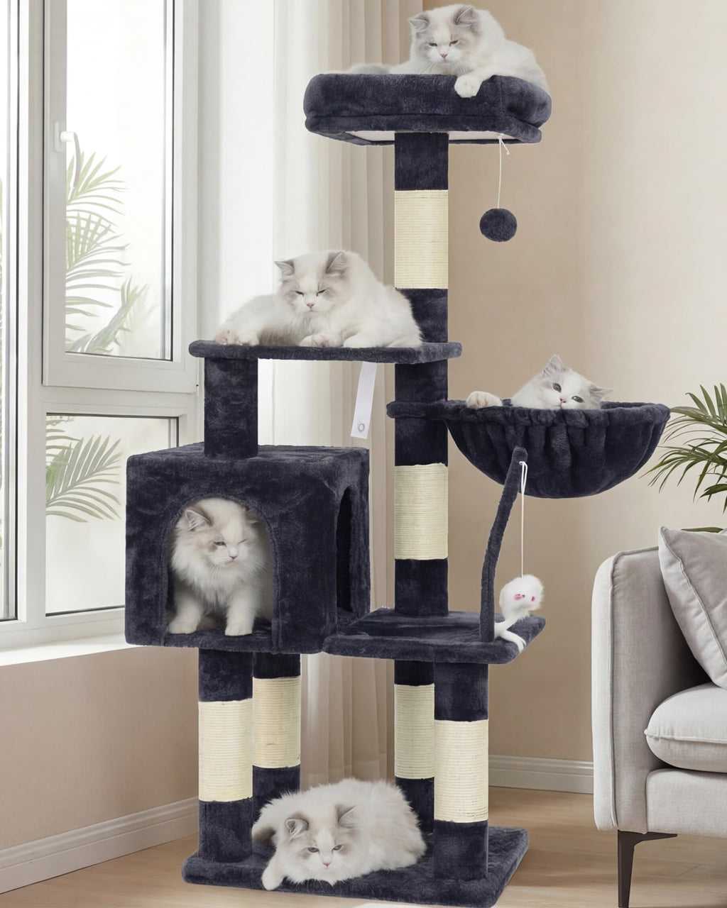 Heybly Cat Tree with Toy, Cat Tower condo for Indoor Cats, Cat House with Padded Plush Perch, Cozy Hammock and Sisal Scratching Posts, Smoky Gray HCT004SG