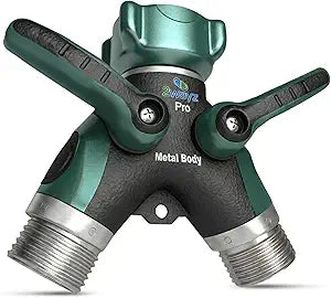 2WAYZ Hose Splitter 2 Way Heavy Duty Outdoor Faucet and Garden Connector - Water Spigot Splitter - Durable All-Metal Y Adapter with Shut-Off Valve - 4 x 4 x 1.5 Inches