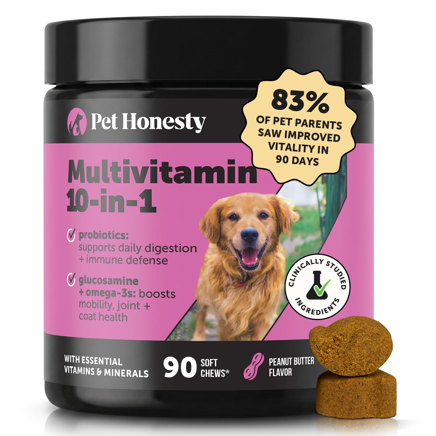 10-in-1 Dog Multivitamin Supplement with Glucosamine & Probiotics - Hip & Joint Support, Digestive Health, Immune Support, Heart & Skin - All-in-One Daily Vitamins & Omega-3s (Peanut Butter, 90 ct)