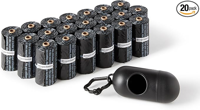 Basics Dog Poop Leak Proof Bags with Dispenser and Leash Clip, Unscented, 13" x 9" Large Size, 300 Count