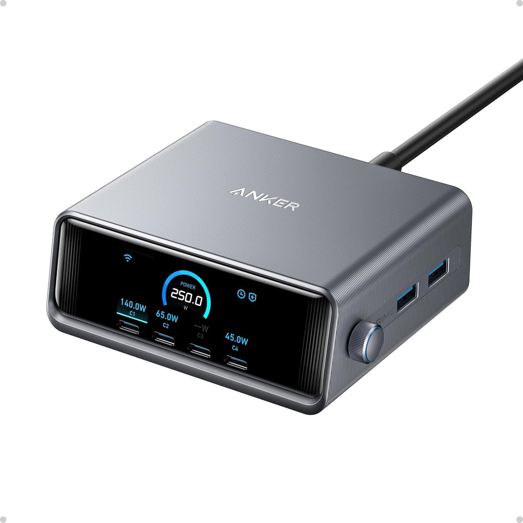 Anker  Charging Station, 250W 6-Port GaN USB C Charger, 2.26" LCD Smart Display Control, Compatible with iPhone, Galaxy, MacBook, Dell for Home Office, Gaming Desk Accessories