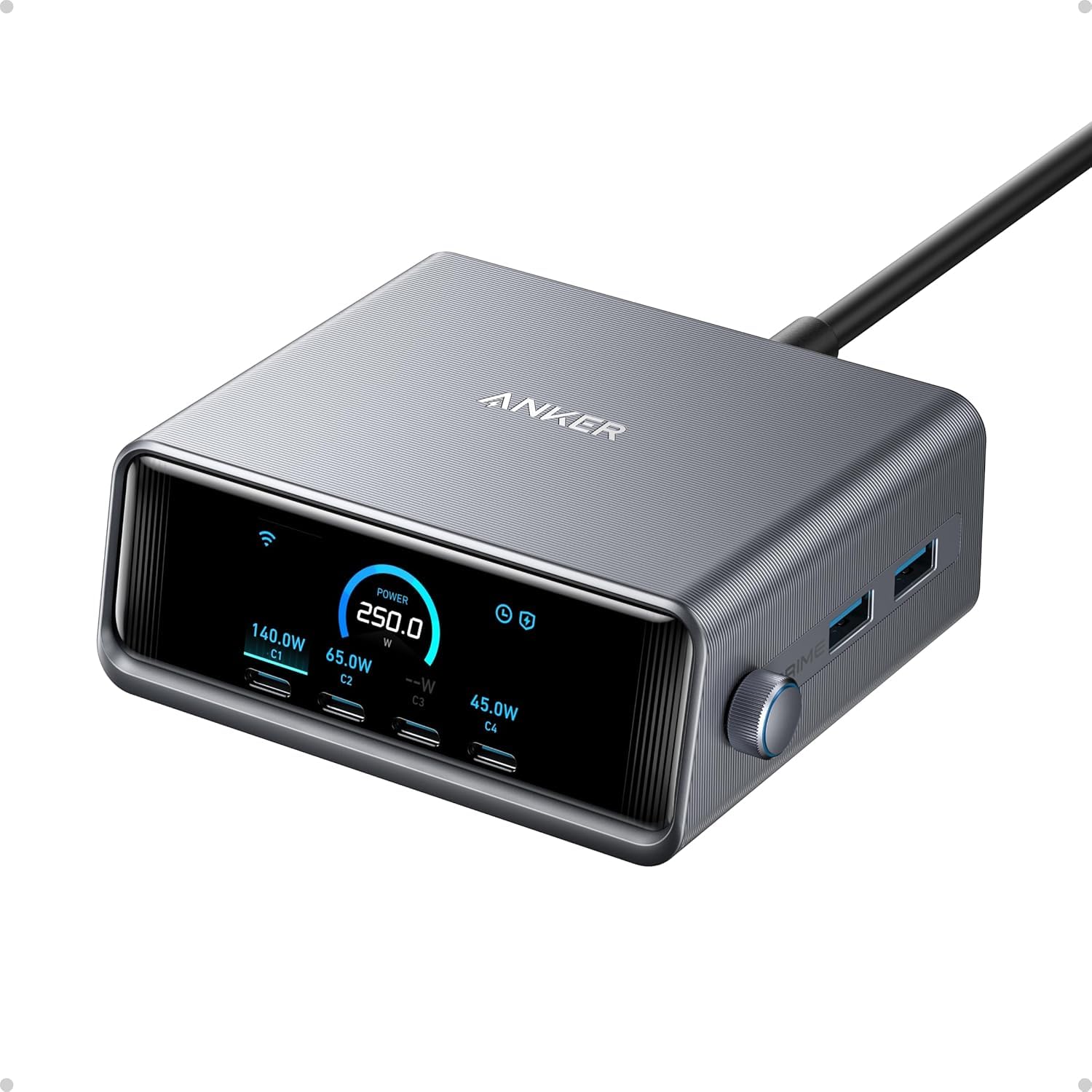Anker  Charging Station, 250W 6-Port GaN USB C Charger, 2.26" LCD Smart Display Control, Compatible with iPhone, Galaxy, MacBook, Dell for Home Office, Gaming Desk Accessories