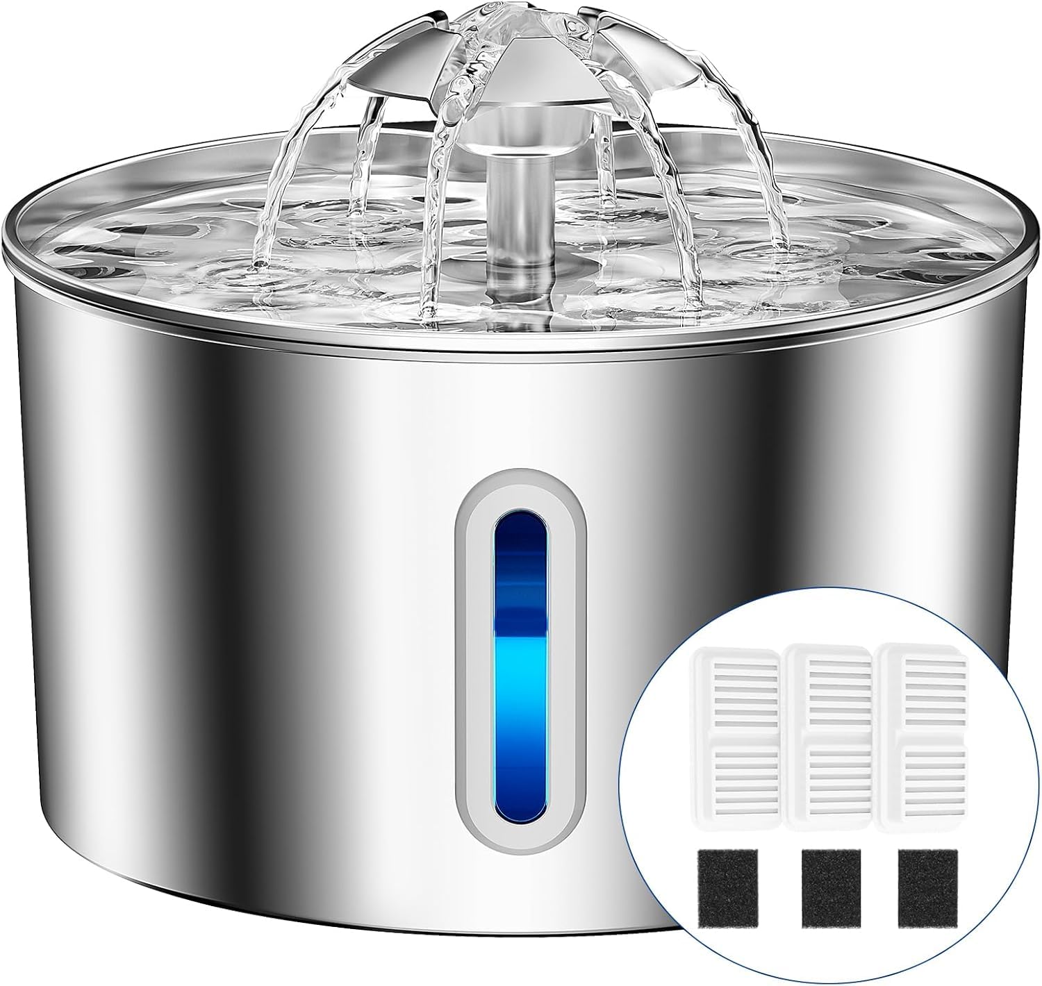 Cat Water Fountain Stainless Steel - 74oz/2.2L Automatic Large Pet Watering Bowl Dispenser for Indoor Dogs - Drinking Fountains with 3 Filter, Gifts for Cats and Kitty - Dog Waterer Bowls No Spill