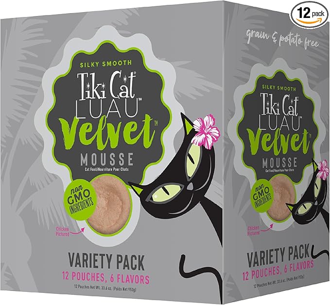 Tiki Cat Velvet Mousse, Protein Blend in Broth Variety Pack, Complete Nutrition for Balanced Diet, Wet Cat Food For All Life Stages, 2.8 oz. Pouch (Pack of 12)