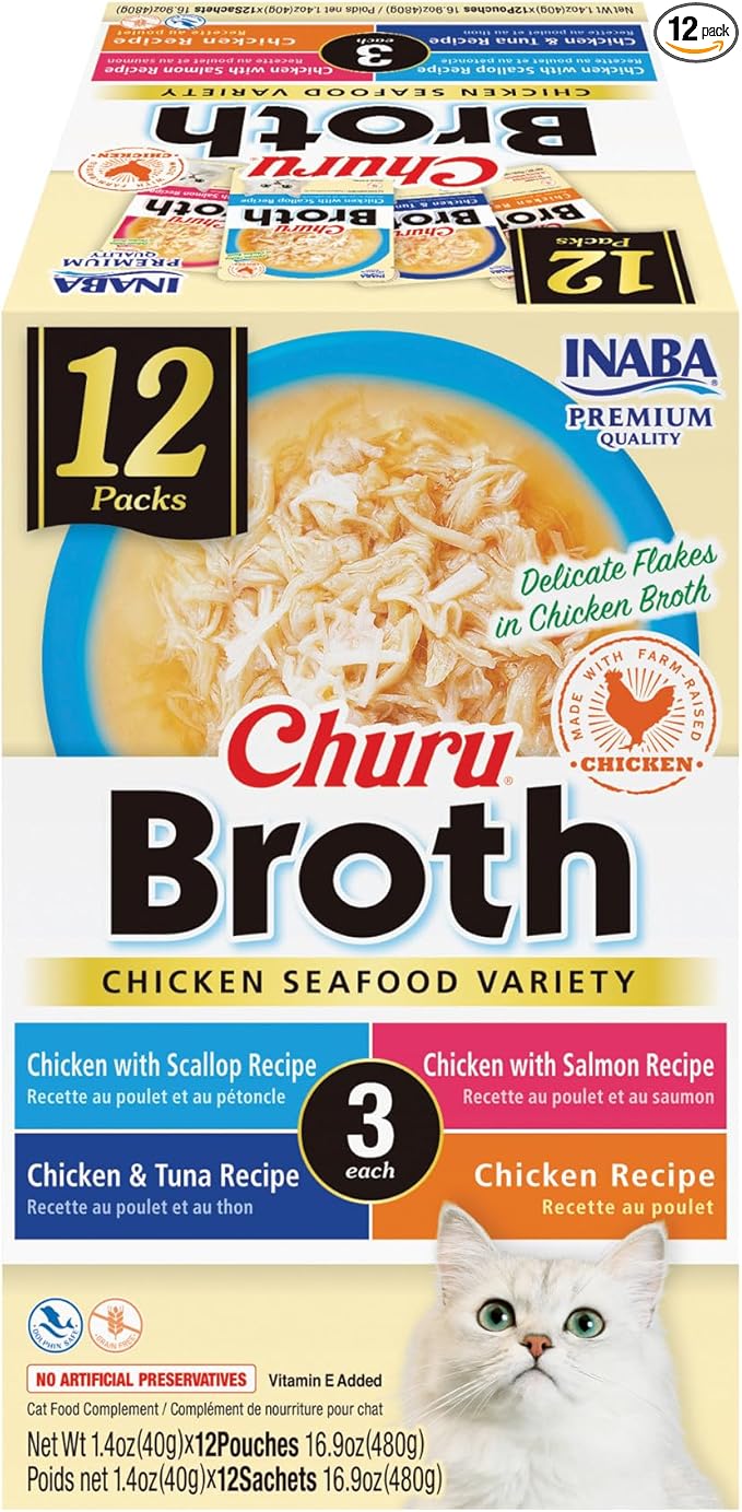 INABA Churu Broth for Cats, Side Dish Pouch, 1.4 Ounces per Pouch, 12 Pouches, Chicken & Seafood Variety