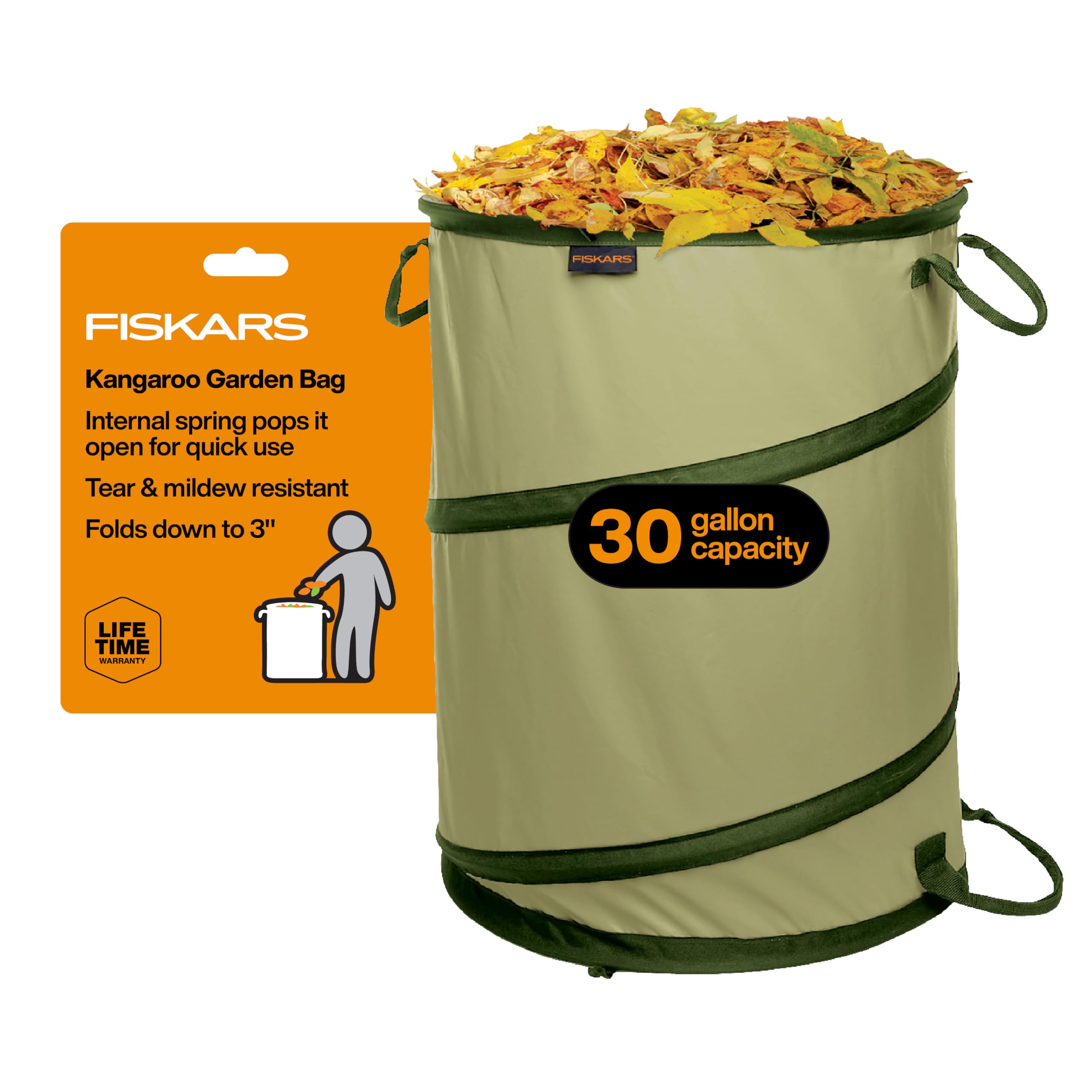 Fiskars Kangaroo Collapsible Spring Up Garden Bag for Yard Waste, Grass, Branches & Weeds, Tear & Mildew Resistant Vinyl-Coated Polyester, Folds Flat to 3 Inches for Space-Saving Storage, 30 Gallon