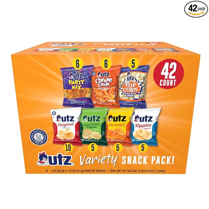 Utz Snack Variety Pack Individual Snacks, Includes Potato Chips, Cheese Curls, Popcorn, and Party Mix, Crunchy Travel Snacks for Lunches, Vending Machines, and Enjoying on the Go (Pack of 42)