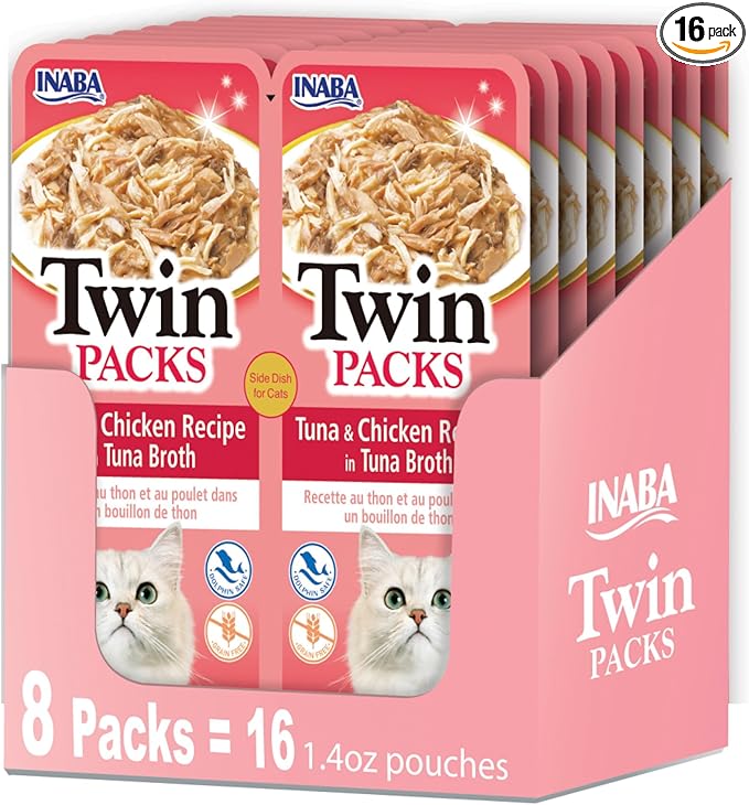 INABA Twin Packs for Cats, Side Dish/Topper Pouch, 1.4 Ounces per Serving, 16 Servings, Tuna & Chicken Recipe in Tuna Broth