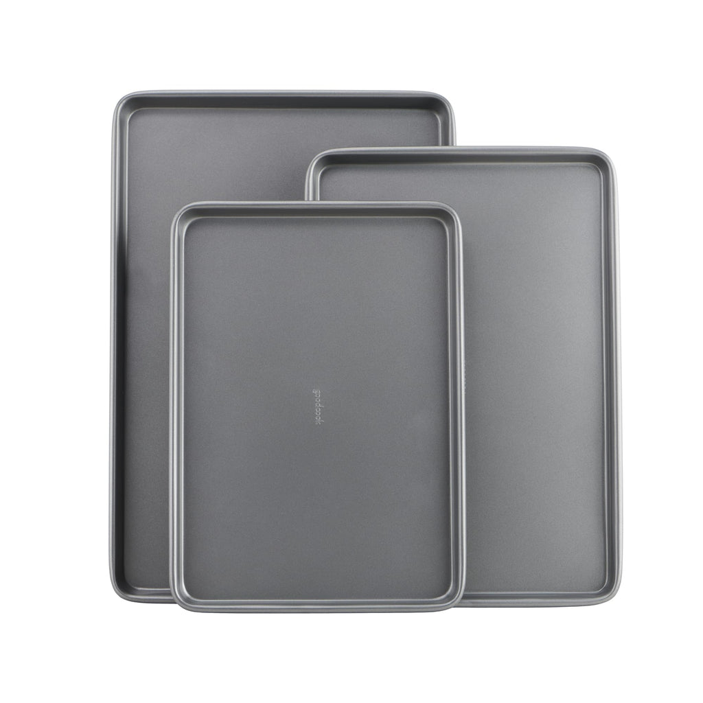 GoodCook Everyday Nonstick Baking Sheet Set, 3 Pack Includes Small (13×9) Medium (15×1) and Large (17×11) Pans Carbon Steel Construction Cookie Sheets Bakeware Set, Gray