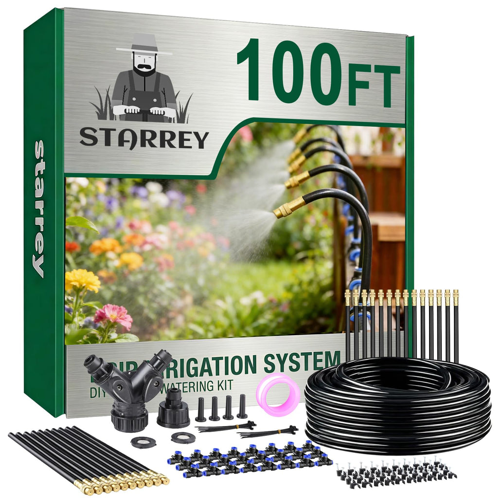 Drip Irrigation System, 2026-Upgrade 100Ft 1/4" Garden Watering System with 24 Pcs 360° Adjustable Copper Nozzles, DIY Kit for Garden, Lawn, Greenhouse, Raised Beds & Outdoor Plants