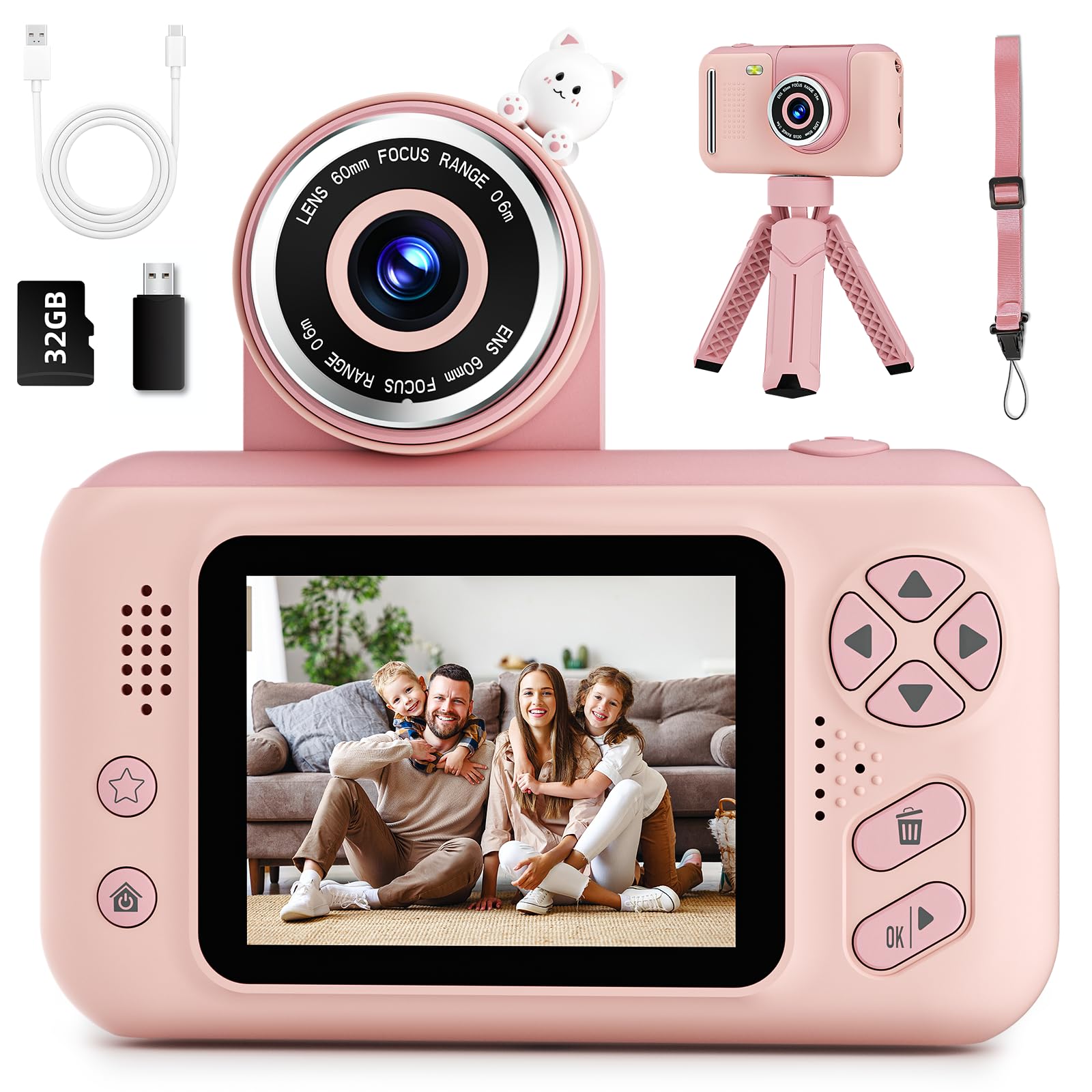 Makolle Kids Camera Toys for Girls 3-12 Year Old,Toddler HD Digital Video Camcorder Camera with Tripod,Children Chritmas Birthday Gift with 32GB SD Card-Pink