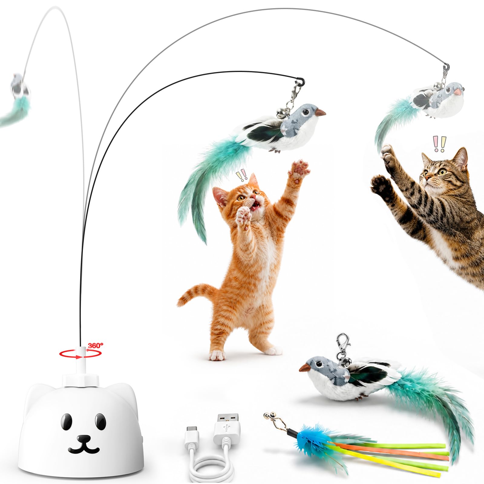 Interactive Cat Toys for Indoor Cats - Automatic Flying Bird Feather Toy, USB Rechargeable Electric Cat Teaser with Sticky Suction Base, Smart Motion Activated Self-Play Enrichment Toy for Bored Cats