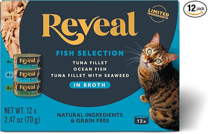 Reveal Natural Wet Canned Cat Food, 3-Flavor Variety Pack, Limited Ingredient, Grain-Free, High Protein with No Artificial Additives, Fish Variety in Broth (12 x 2.47 oz Cans)