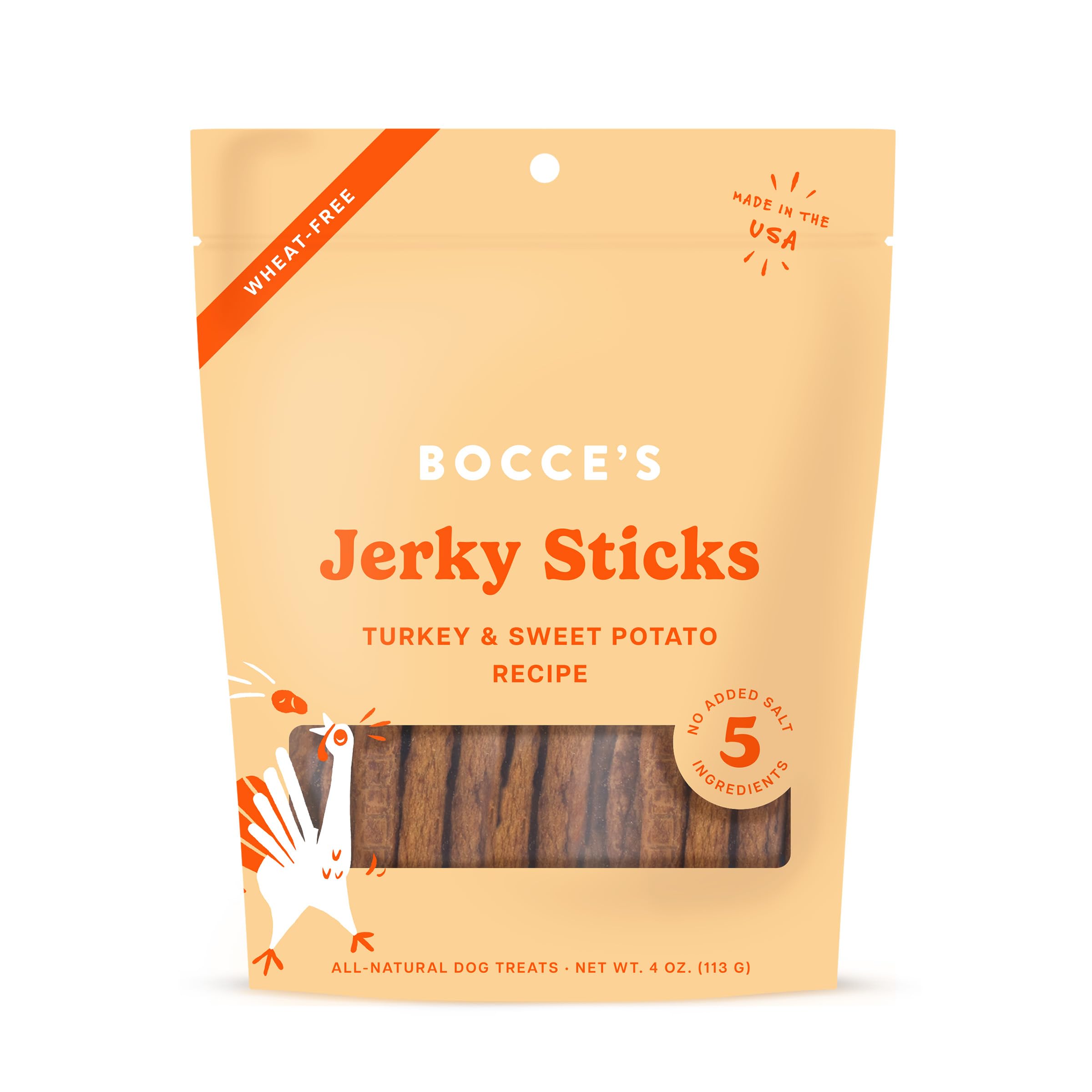 Bocce's Bakery Jerky Stick Dog Treats, Wheat-Free, Made with Limited-Ingredients, Baked in The USA with No Added Salt or Sugar, Natural & High-Protein, Turkey & Sweet Potato, 4 oz