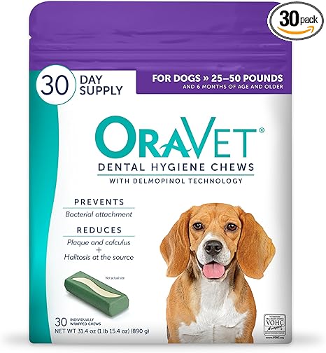ORAVET Dental Chews for Dogs, Oral Care and Hygiene Chews (Medium Dogs, 25-50 lbs.) Purple Pouch, 30 Count