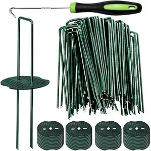 Bakulyor 50pcs Green Artificial Turf Stakes Staples + 50pcs Buffer Washer, 6 Inch 11 Gauge Landscape Staples, Galvanized Lawn Spikes, Heavy Duty Yard Ground Pin for Grass Weed Barrier Sod Fabric
