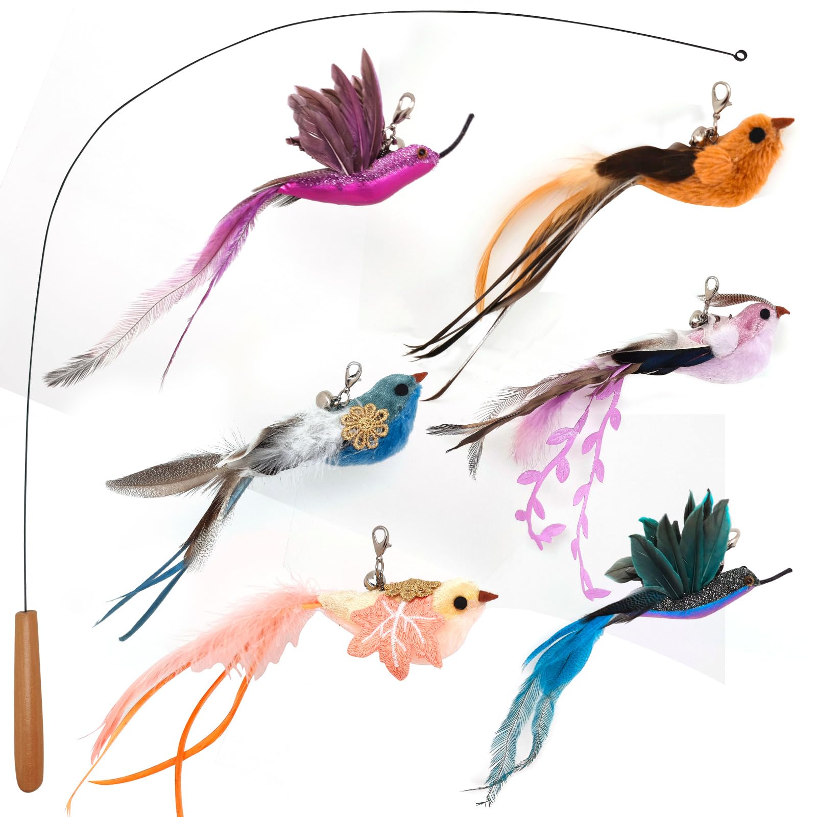 miwoowim Interactive Cat Toys for Indoor Cats - 35'' Steel Wire and 6PCS Feather Bird Refills,Teaser Toy,Cat Wand Toy,Feathers & Bells, Realistic Bird Impression (7 PCS)