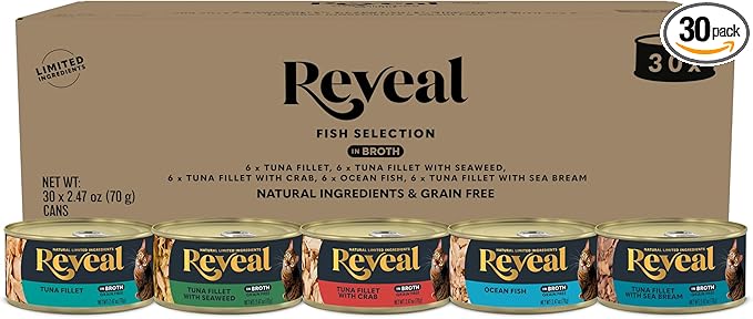 Reveal Natural Wet Canned Cat Food, 5-Flavor Variety Pack, Limited Ingredient, Grain Free, High Protein with No Artificial Additives, Fish Variety in Broth (30 x 2.47 oz Cans)