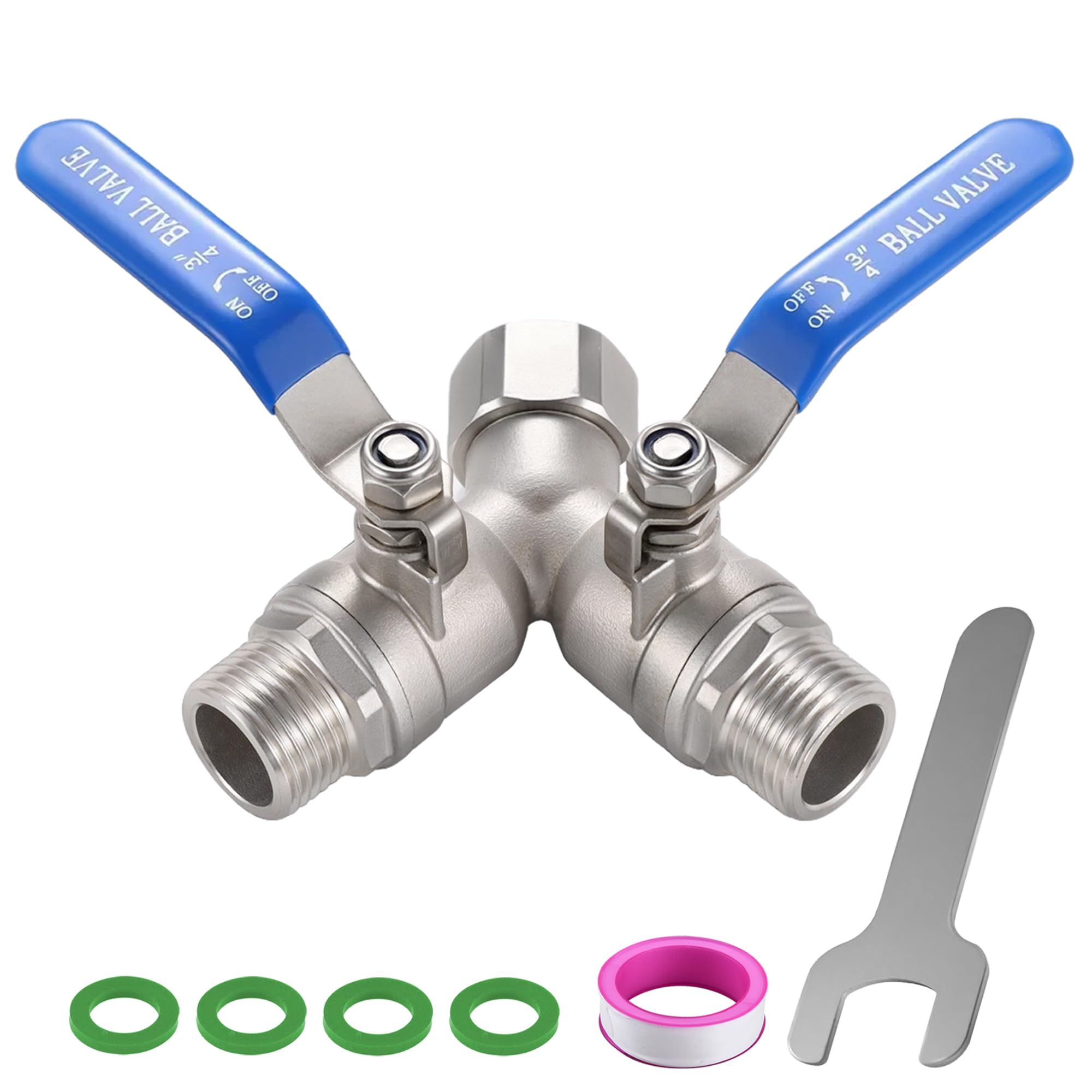 304 Stainless Steel Garden Hose Splitter 2 Way Heavy Duty, Full Flow Y Valve Water Hose Splitter With Long Handle, Lead-free，3/4" GHT Thread